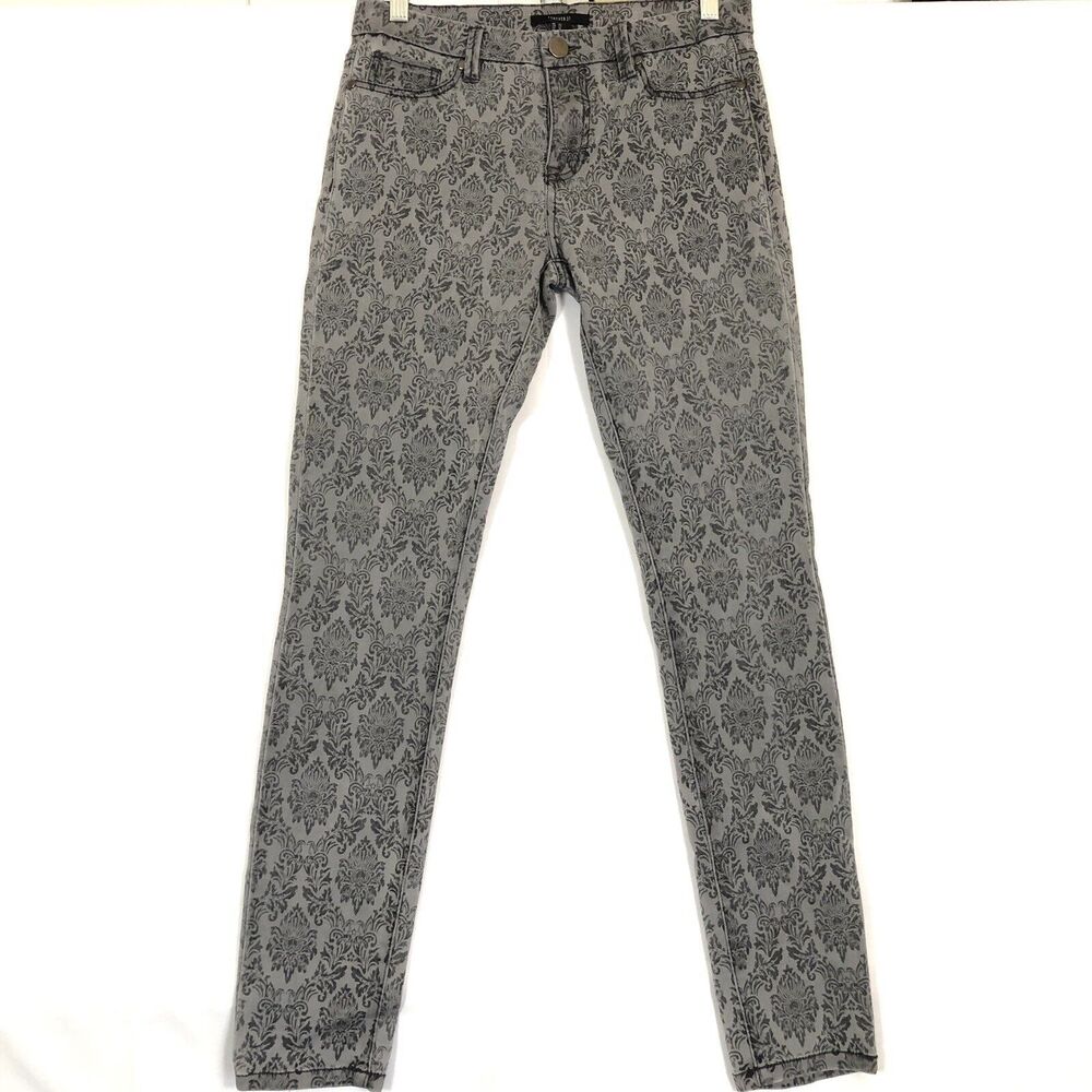 Forever 21 Womens Skinny Mid Rise Stretch Jeans Size 27 Gray Black Damask Boho